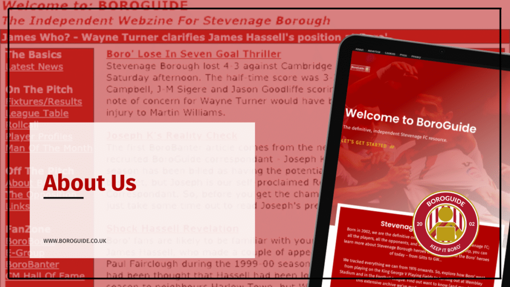 Born out of frustration in 2002, BoroGuide started out in order to provide a 'real' alternative to the official Stevenage FC site