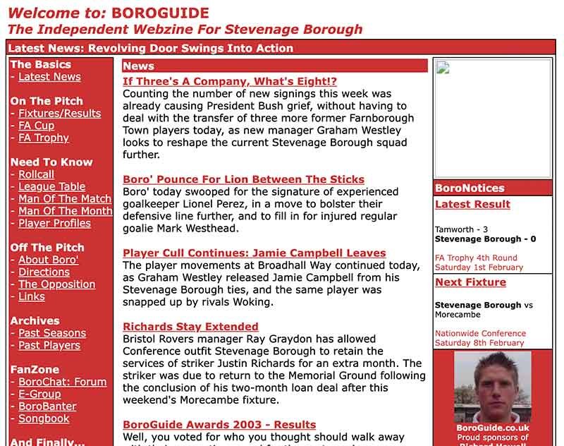 BoroGuide 2002 The First Edition: In our early years, the 'independent webzine' for Stevenage FC wasn't the prettiest website on the block...