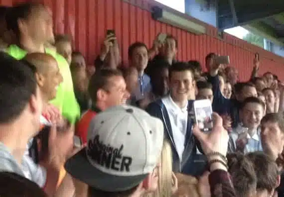 Match For Mitch: In keeping with the spirit of the evening, Graham Westley joined the supporters on the East Terrace along with Ashley Bayes and Dino Maamria for songs and drum-banging
